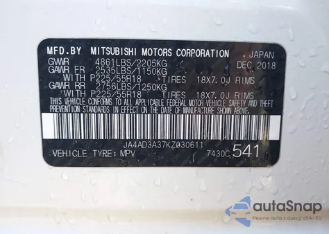 2019 Mitsubishi Outlander Se from USA, damaged, VIN JA4AD3A37KZ030611